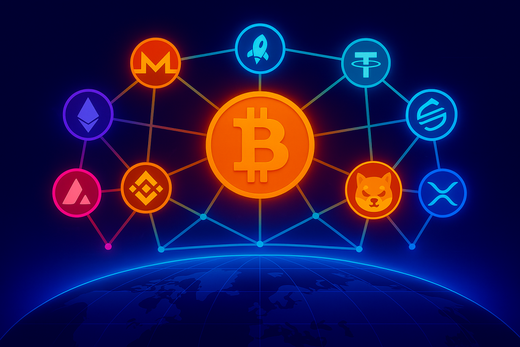 Neon cyberpunk vector illustration of Bitcoin glowing at the center, surrounded by eight unique cryptocurrency logos — Ethereum, Tether, Shiba Inu, XRP, Polkadot, Stellar, Monero, and Binance. The coins are linked with neon lines forming a constellation above a digital globe with a glowing circuit-board grid background.