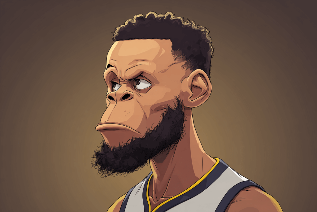 Basketbol forması giyen, sakallı Bored Ape tarzı maymun karakterinin karikatür illüstrasyonu.